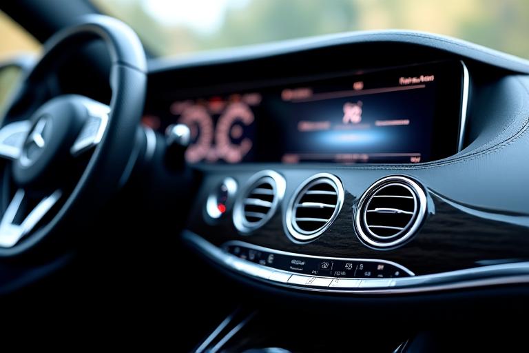 Détail de l'intérieur d'une Mercedes-Benz Classe S, tableau de bord et écrans
