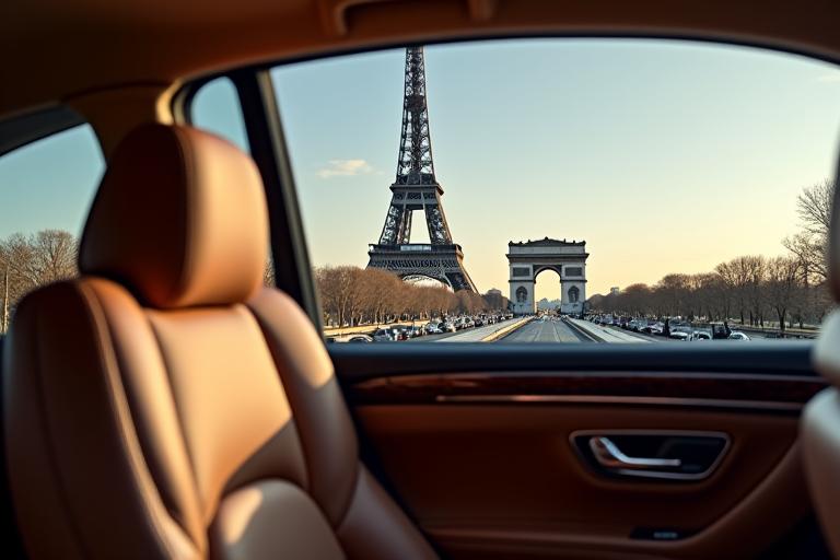 Vue emblématique de la Tour Eiffel depuis une voiture de luxe