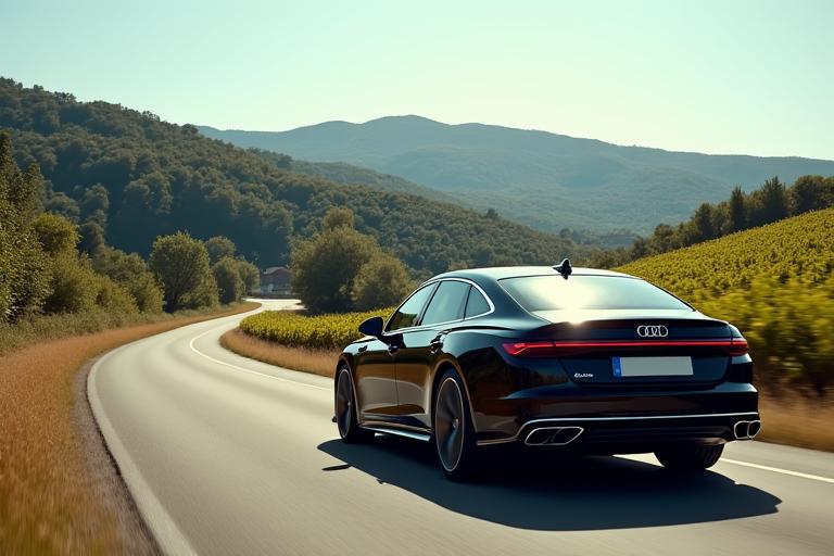 Paysage rural français avec une route sinueuse et une voiture de luxe